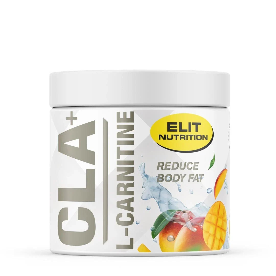 Elit Nutrition CLA + L-Carnitine 180 g kosttillskott i pulverform förpackad i en vit burk med mangobitar som illustrerar smaken Mango.