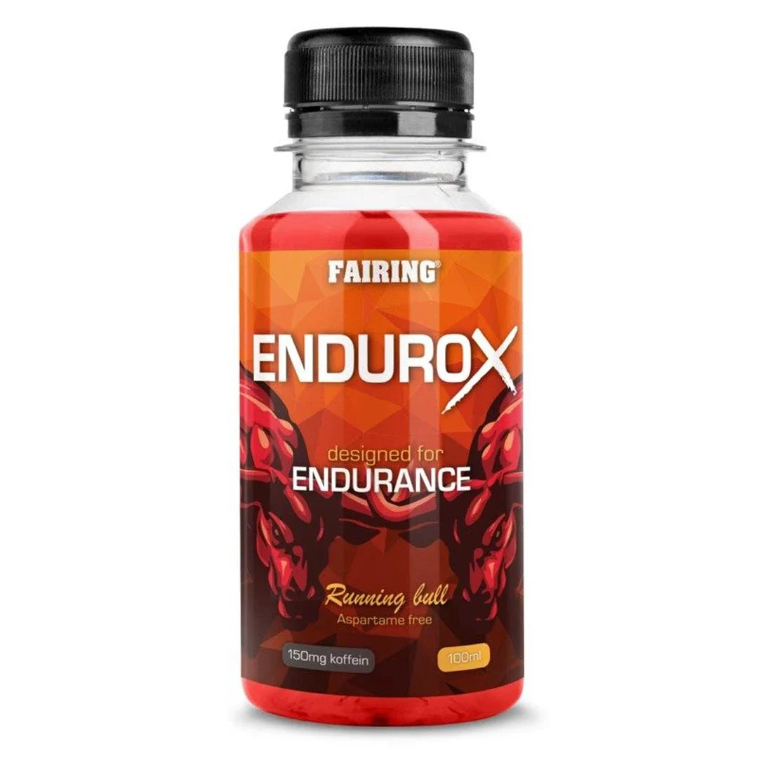 Fairing Endurox 60 ml drickfärdig PWO-shot i en liten plastflaska med röd, orange och svart etikett.