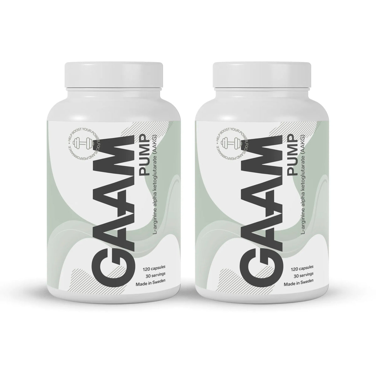 GAAM PUMP 240 caps i två vita burkar med ljusgröna och svarta detaljer för prestation., bild 1 av 1