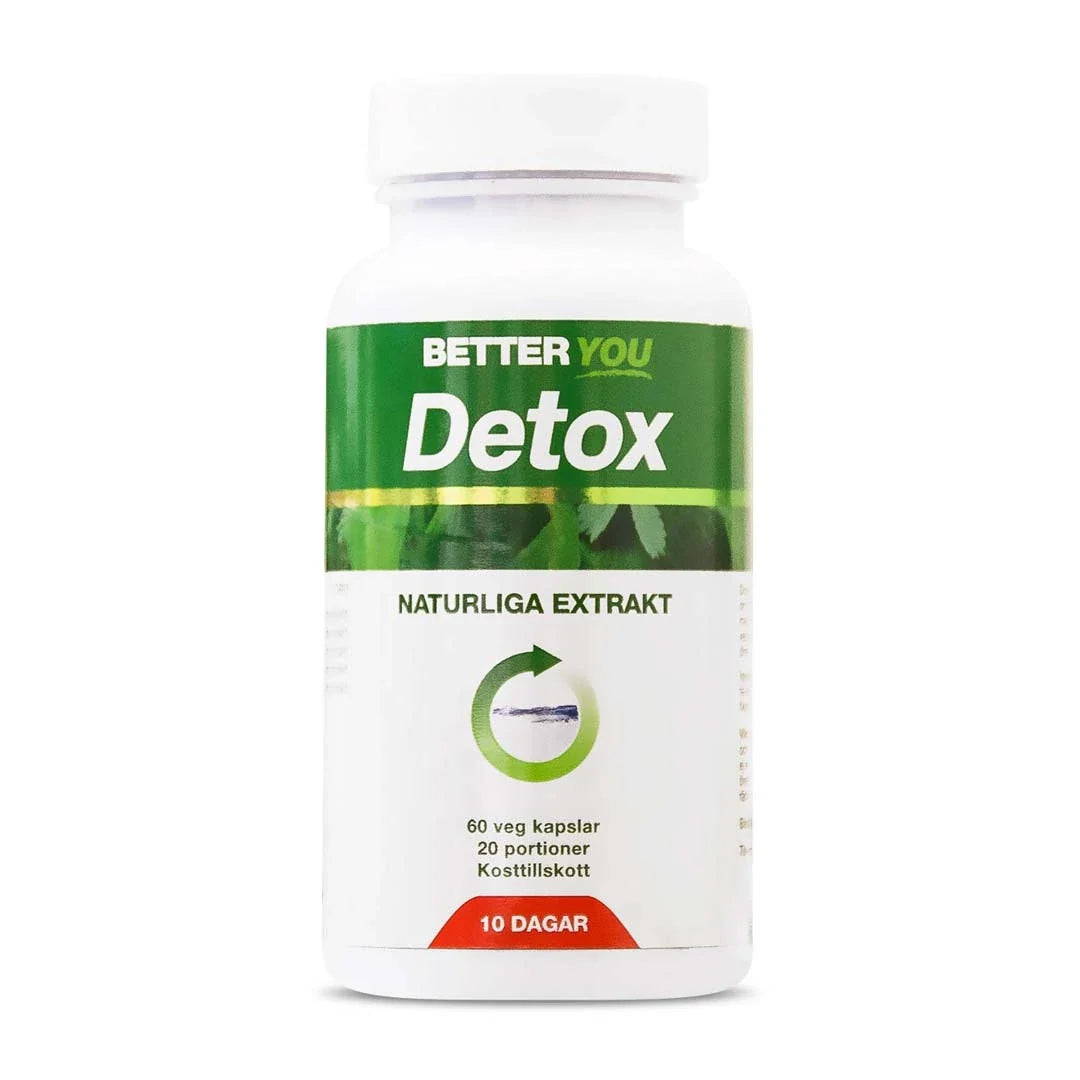 Better You Detox 60 caps i en vit burk med grön etikett och texten naturliga extrakt för en 10 dagars reningskur.