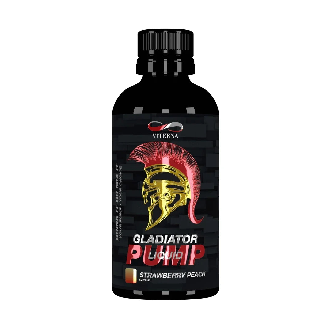 Viterna Gladiator Pump Liquid 500 ml i en svart flaska med röd och guldig gladiatorhjälm för smaken Strawberry Peach., bild 1 av 2