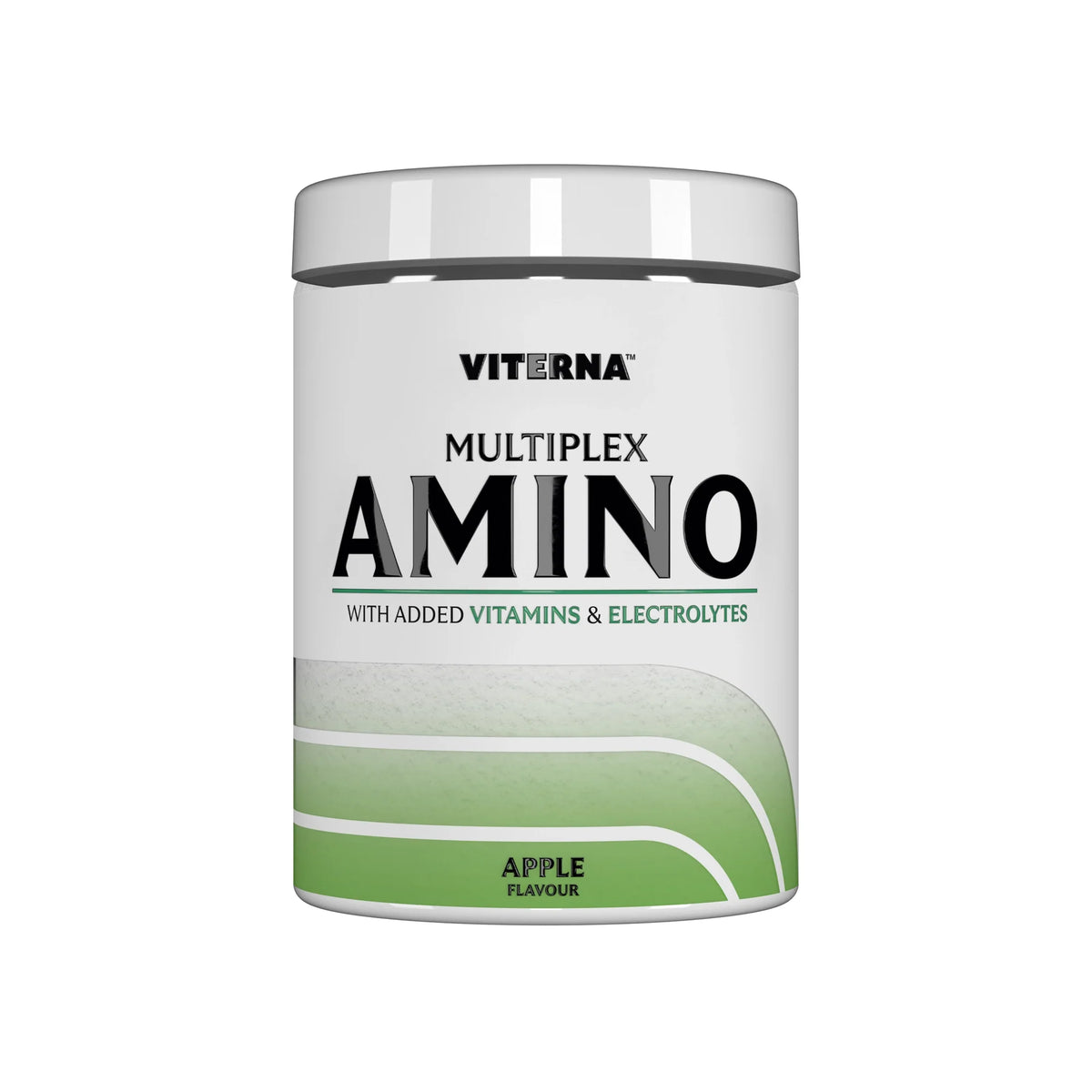 Viterna Multiplex Amino 400 g aminosyror i en vit burk med silverlock och gröna detaljer för smaken Apple., bild 1 av 9