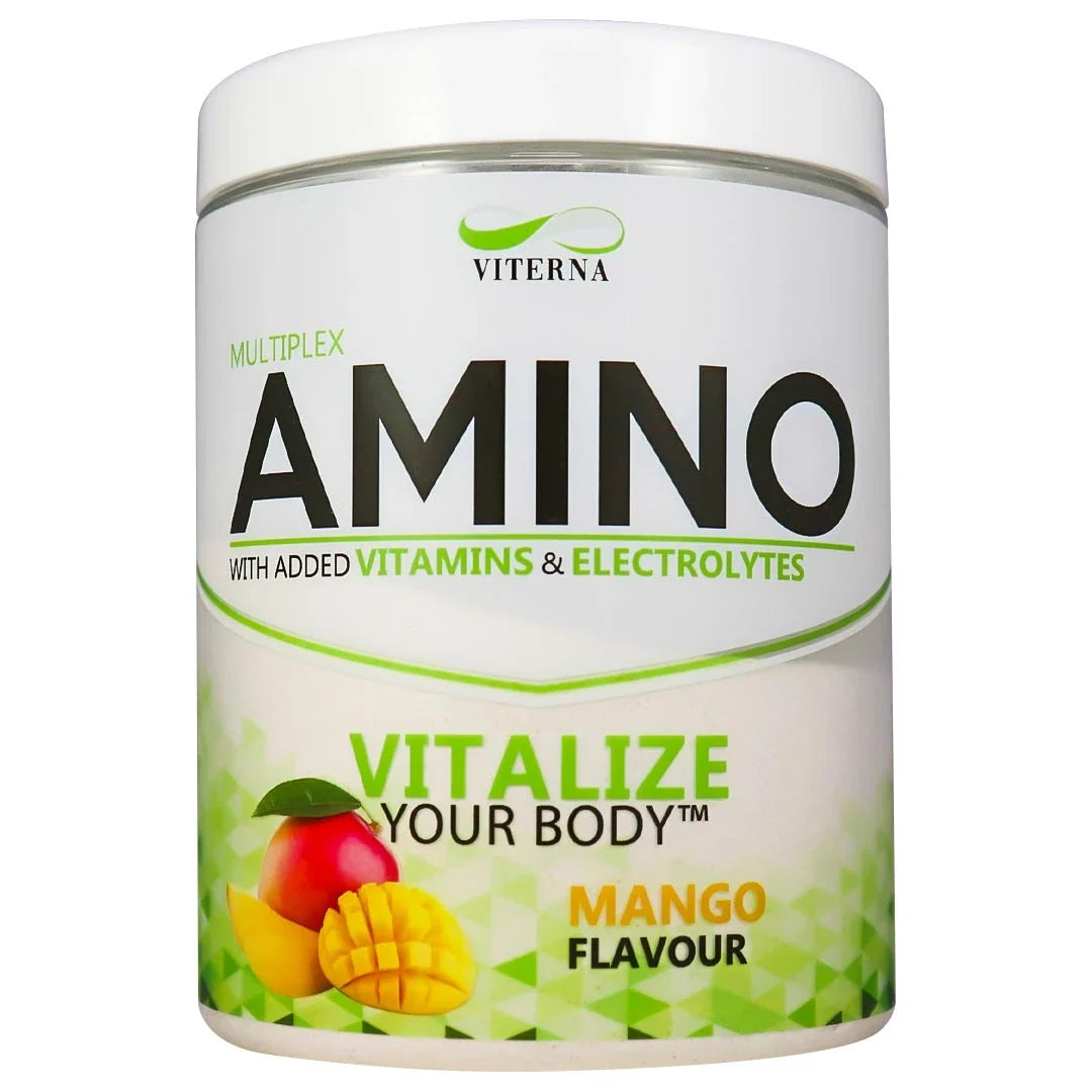 Viterna Multiplex Amino 400 g aminosyror i en vit burk med gröna detaljer för smaken Mango., bild 2 av 9
