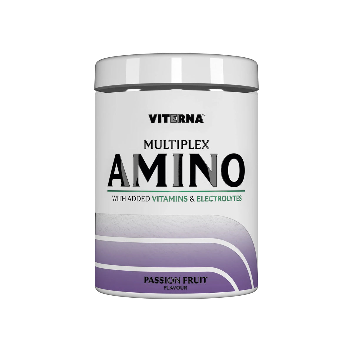 Viterna Multiplex Amino 400 g aminosyror i en vit burk med gröna detaljer och smaken Passionsfrukt., bild 3 av 9