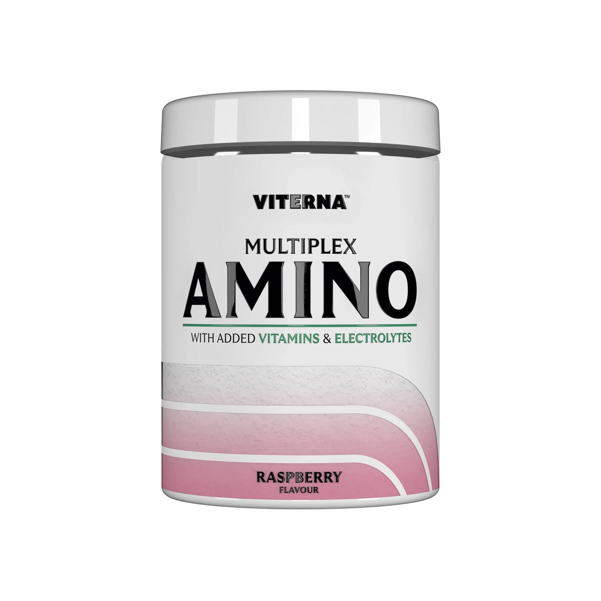 Viterna Multiplex Amino 400 g aminosyror i en vit burk med gröna detaljer och färska hallon för smaken Raspberry., bild 4 av 9