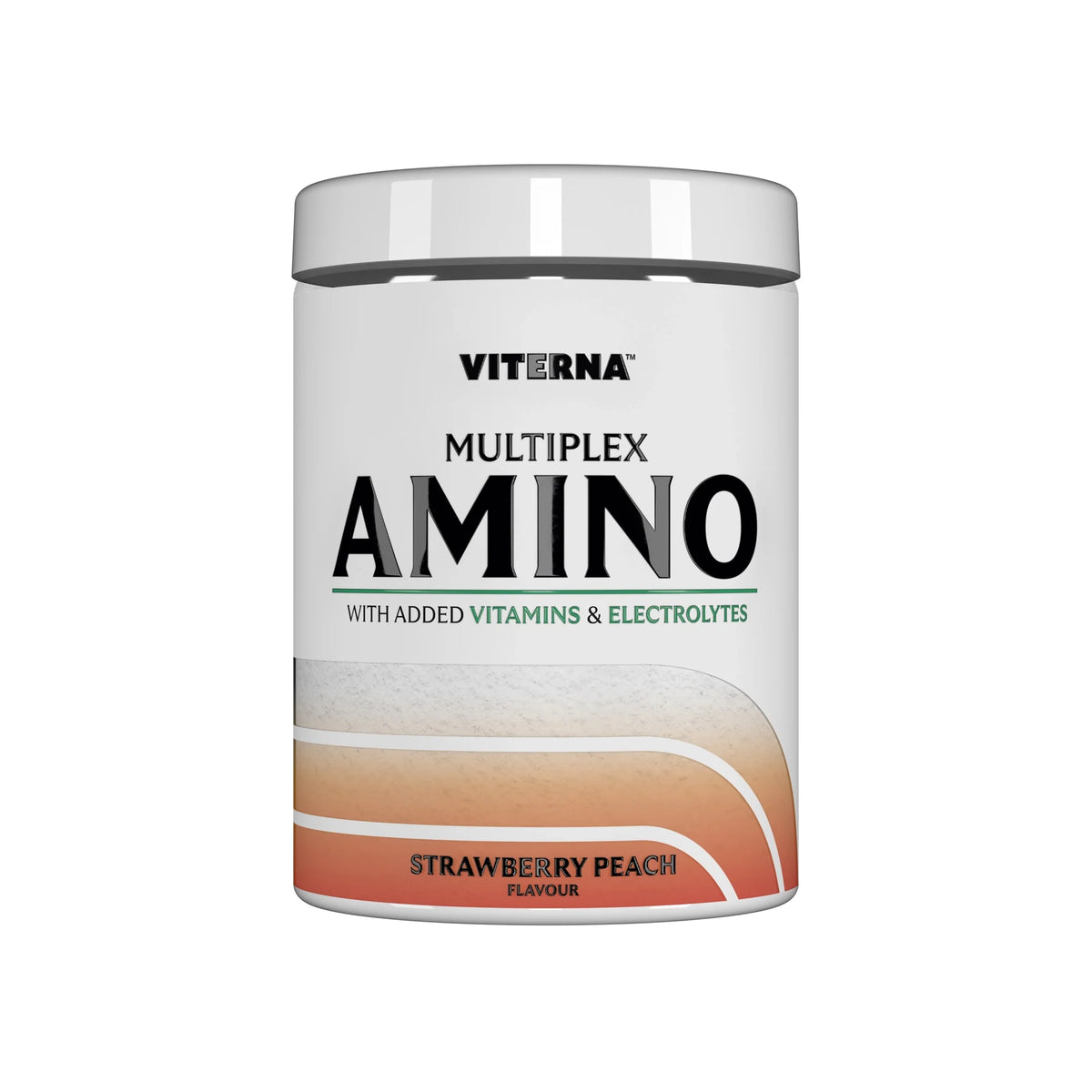 Viterna Multiplex Amino 400 g aminosyror i en vit burk med gröna detaljer för smaken Strawberry Peach., bild 8 av 9