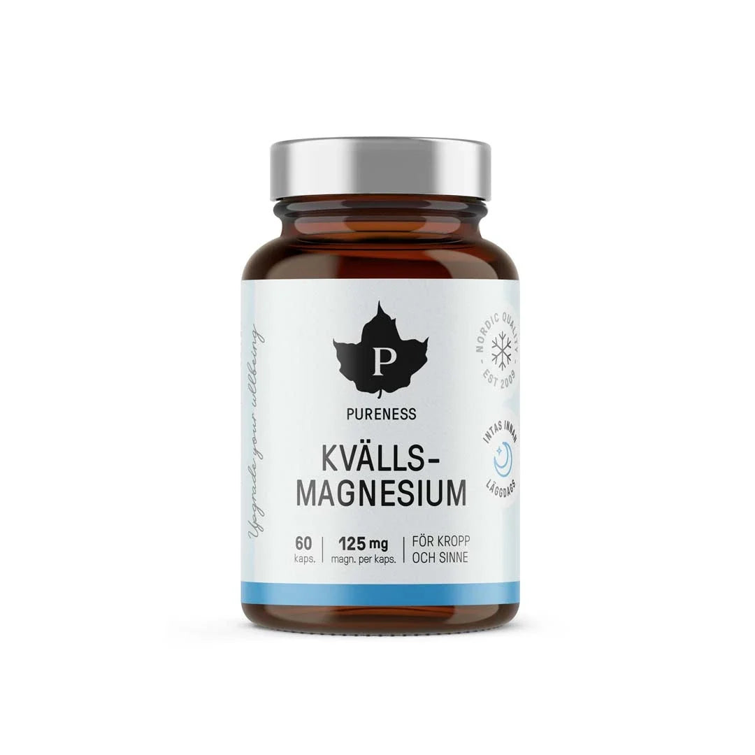 Pureness Kvällsmagnesium 60 caps förpackad i en mörk glasburk med vit etikett och silverfärgat lock., bild 1 av 1