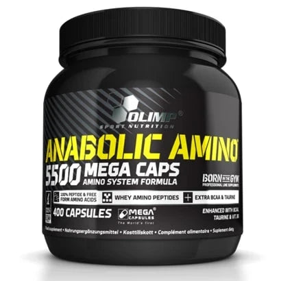 Olimp Anabolic Amino 5500 Mega Caps 400 caps aminosyror i en svart burk med gula och vita detaljer.