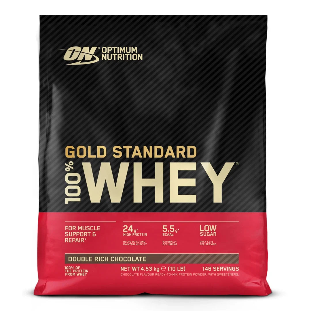 Optimum Nutrition 100% Whey Gold Standard 4.5 kg proteinpulver i en svart och röd påse för smaken Double Rich Chocolate., bild 1 av 3