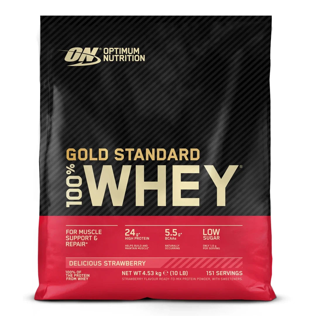Optimum Nutrition 100% Whey Gold Standard 4.5 kg proteinpulver i en svart och röd påse för smaken Delicious Strawberry., bild 2 av 3