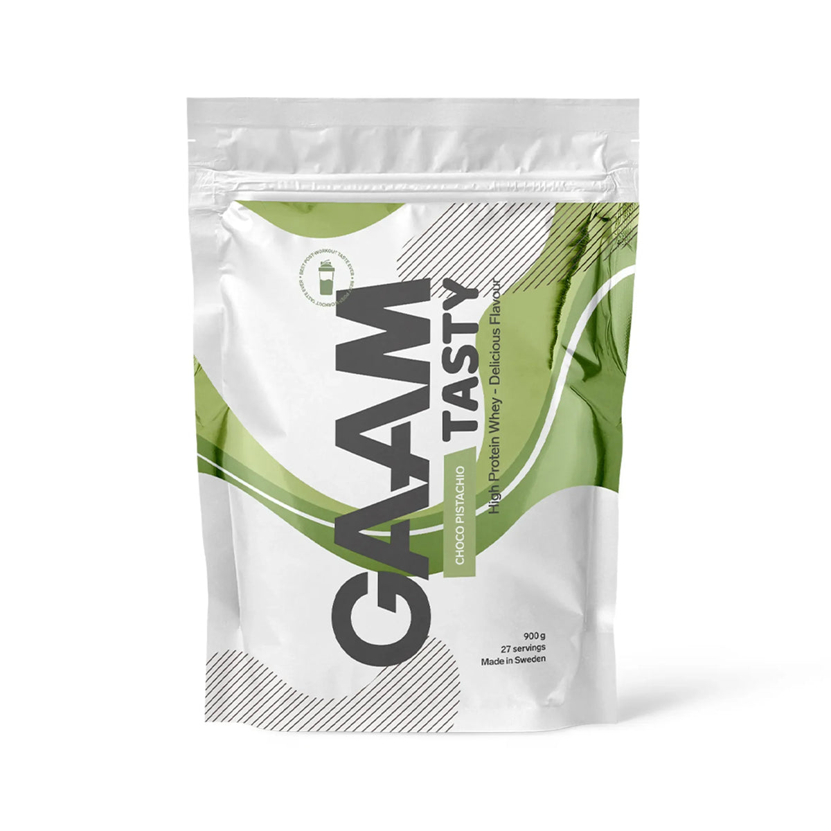 GAAM Tasty Whey 900 g proteinpulver i en vit påse med gröna detaljer för smaken Choco Pistachio., bild 1 av 3