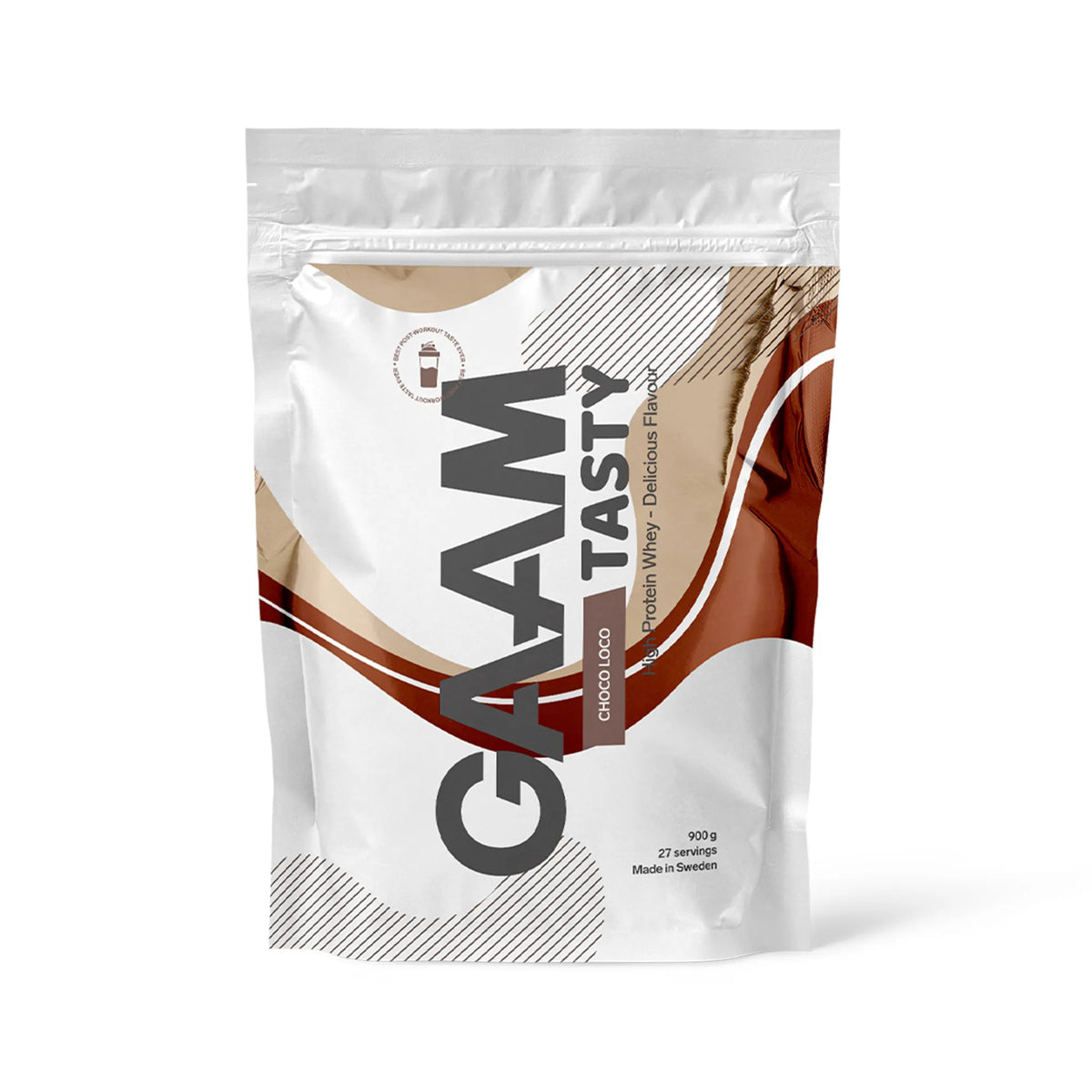 GAAM Tasty Whey 900 g proteinpulver i en vit påse med bruna detaljer för smaken Choco Loco., bild 2 av 3