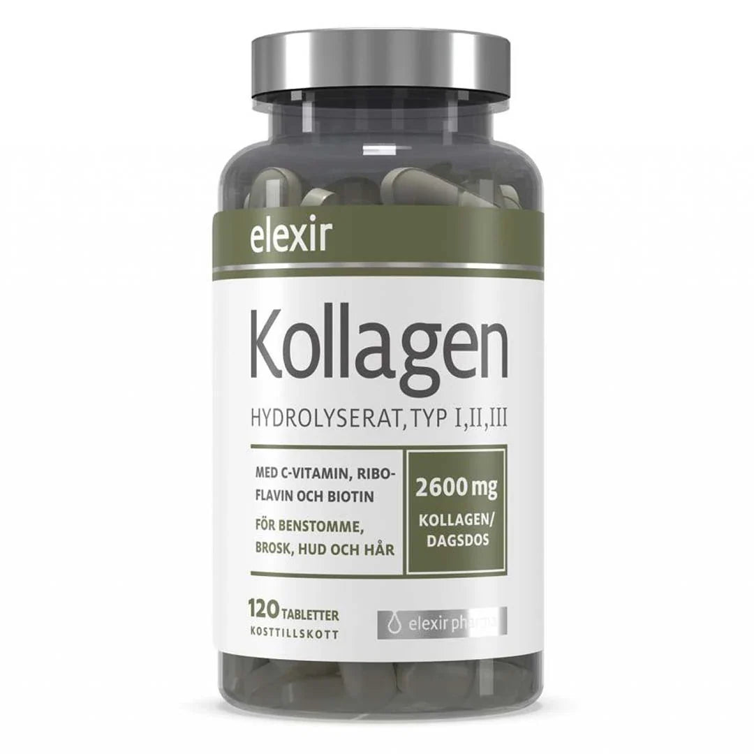 Elexir Pharma Kollagen Hydrolyserat 120 tabs förpackad i en mörk genomskinlig burk med vit etikett och silverlock., bild 1 av 1