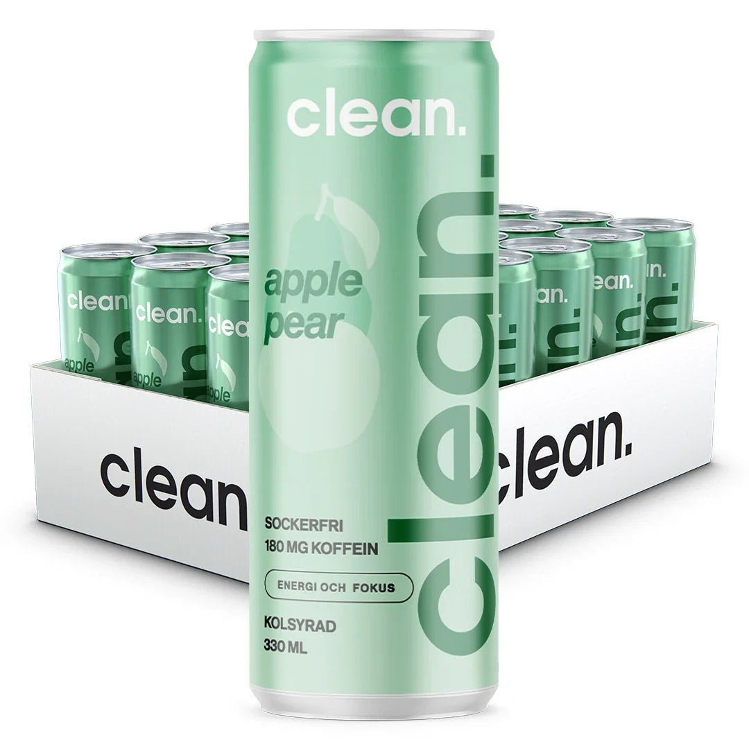 24 x Clean Drink 330 ml Päron/Äpple i ett vitt flak med ljusgröna burkar som har mörkgrön text och äpple/päron-motiv., bild 1 av 1
