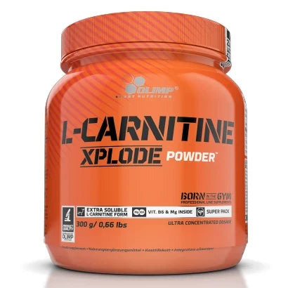 Olimp L-Carnitine Xplode 300 g aminosyror i pulverform, förpackad i en orange burk med svart text., bild 1 av 1