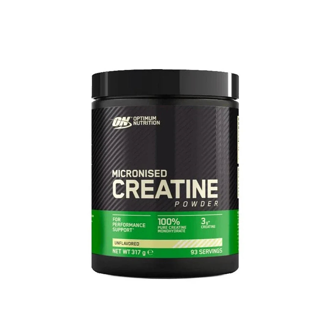 Optimum Nutrition Creatine Powder 317 g i en svart burk med grön etikett och texten Micronised Creatine.
