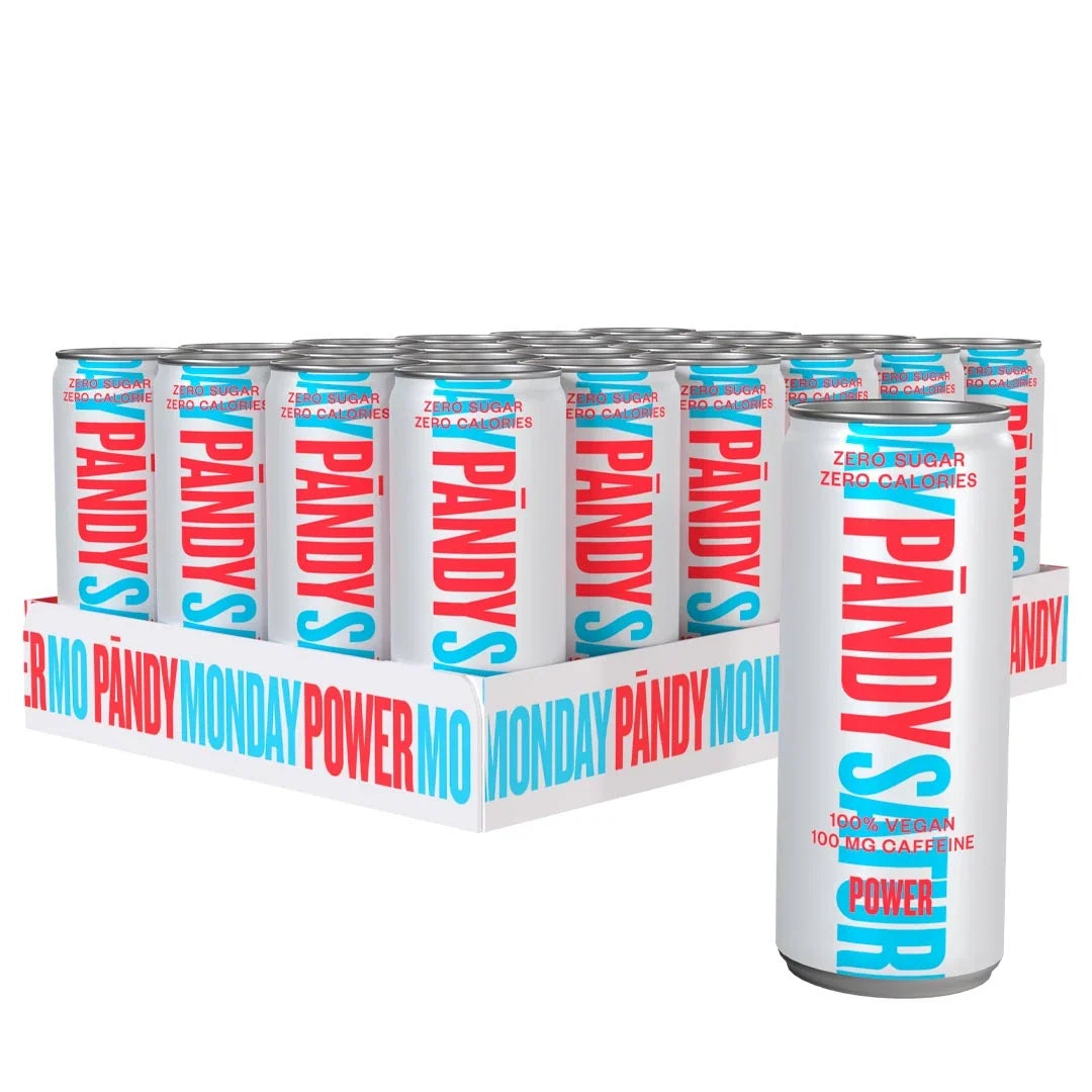 24 x Pändy Soda Energy Drink 330 ml Power i ett flak med vita burkar och röd samt blå text för smaken Power.