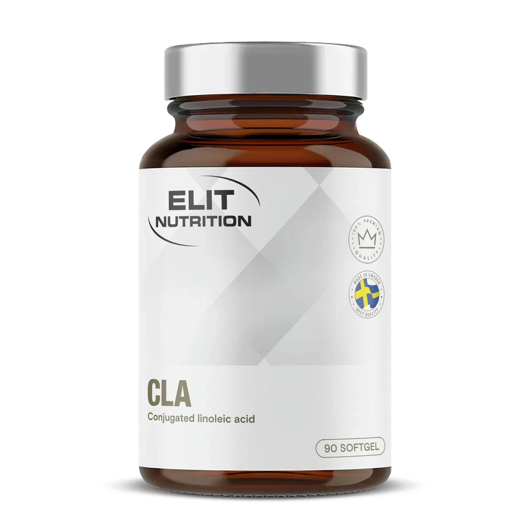 Elit Nutrition CLA 90 caps kosttillskott i en brun burk med vit etikett och silverfärgat lock., bild 1 av 1