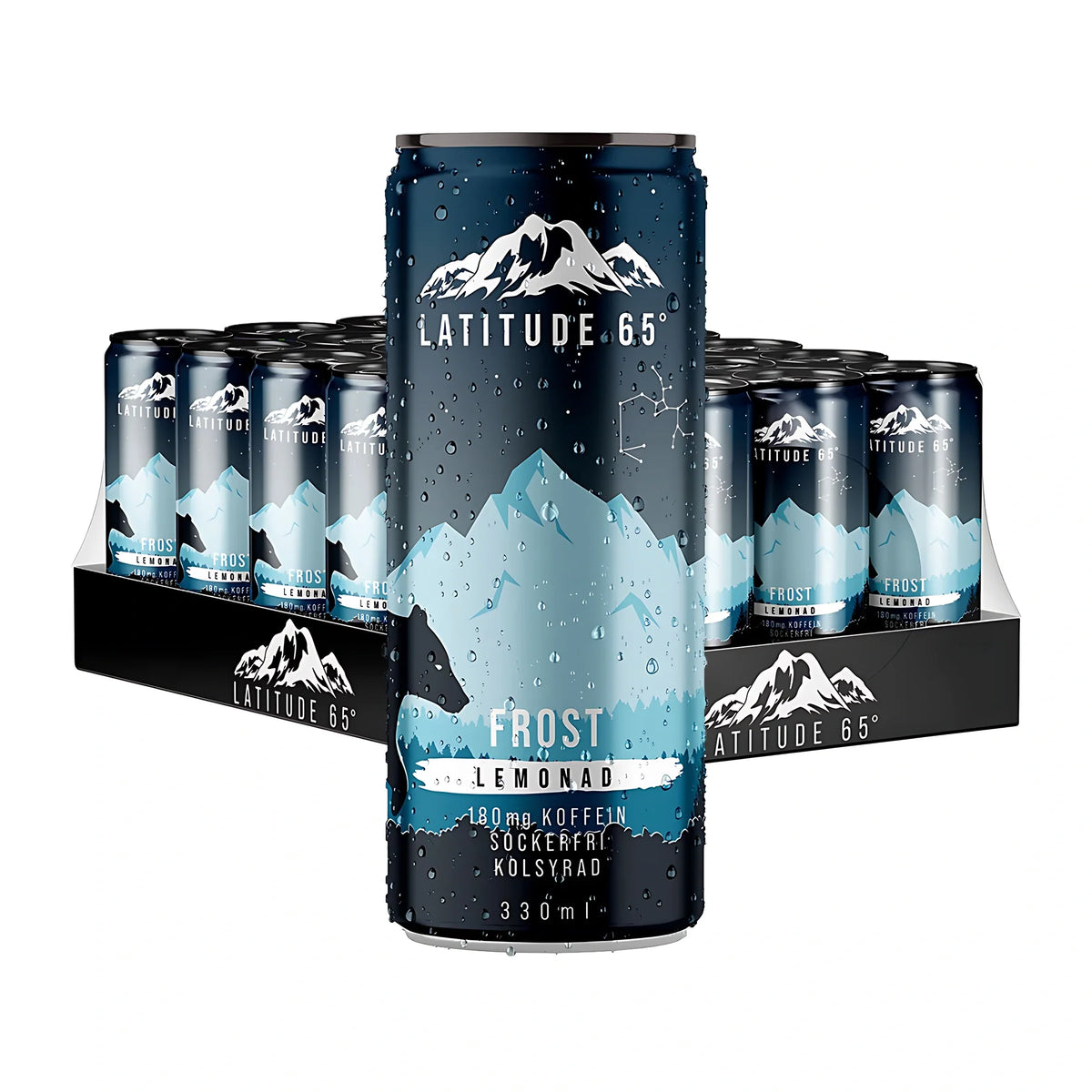 24 x Latitude 65 330 ml Frost - Lemonad i ett helt flak med en mörkblå burk med vattendroppar i förgrunden., bild 1 av 1