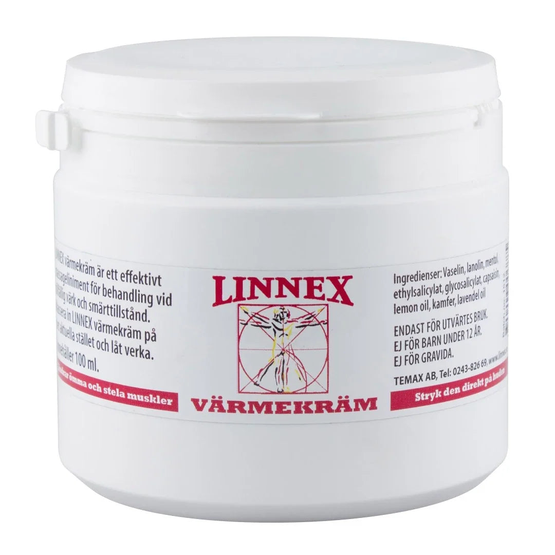Linnex Värmekräm Liniment 500 ml i en vit burk med röd logotyp och text för lindring av muskelbesvär., bild 1 av 1