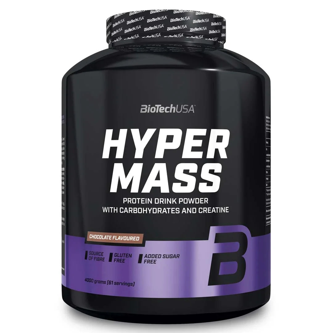 BioTechUSA Hyper Mass 4 kg gainer i en svart burk med lila detaljer för smaken Chocolate.