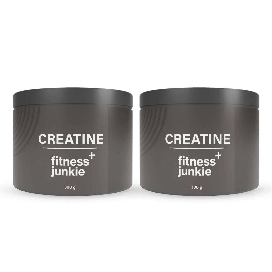 2 x fitnessjunkie Creatine 300 g Kreatin i två grå burkar med vit text för ökad styrka och uthållighet., bild 1 av 1