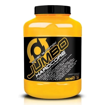 Scitec Nutrition Jumbo Hardcore 3060 g gainer i en stor gul plastburk med svart lock och svart etikett., bild 2 av 2