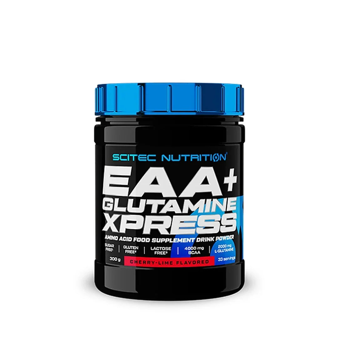 Scitec Nutrition EAA + Glutamine 300 g aminosyror i en svart burk med blått lock för smaken Cherry-Lime.
