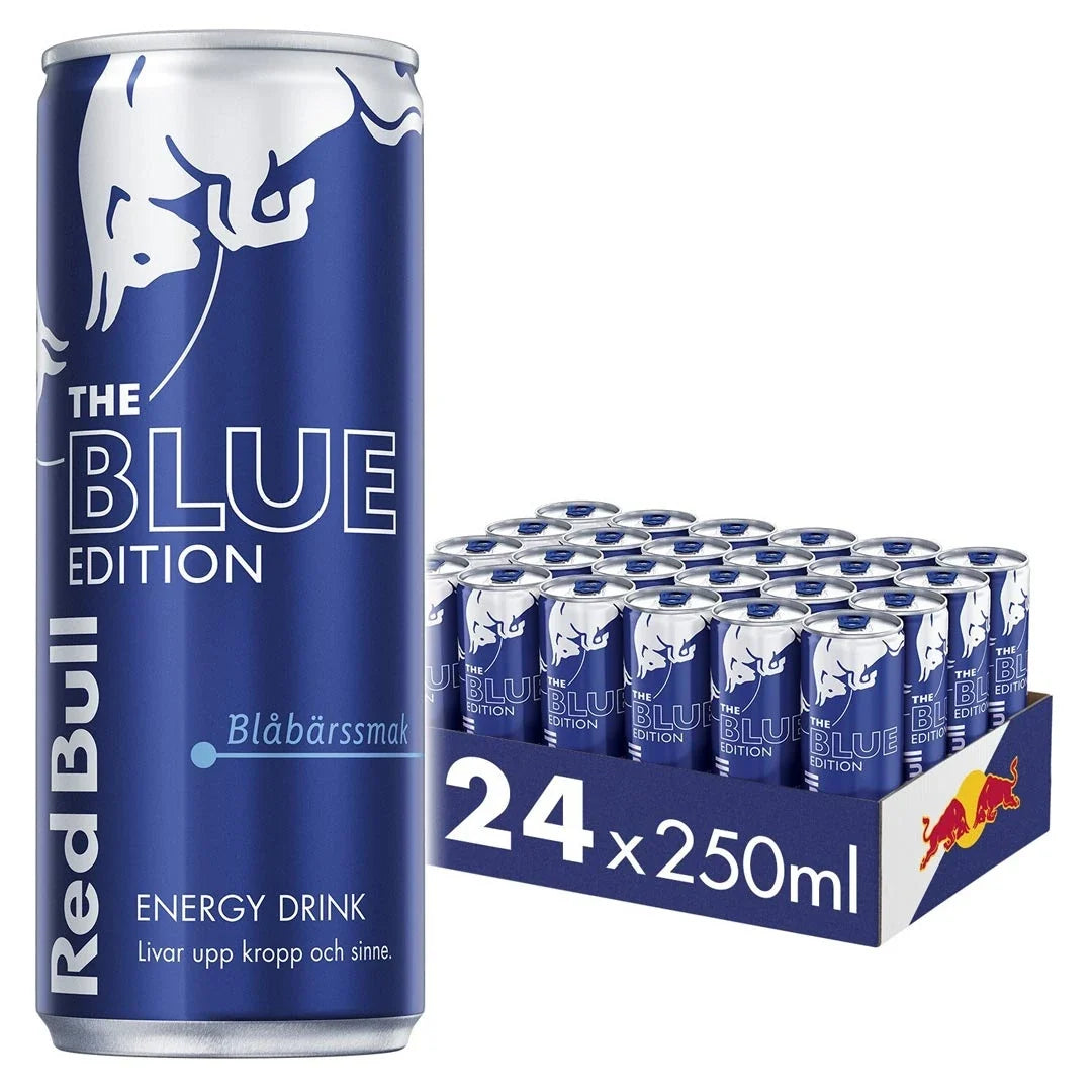 24 x Red Bull Energidryck 250 ml Blue Edition - Blåbär i ett blått flak med matchande blåa burkar för blåbärssmak.