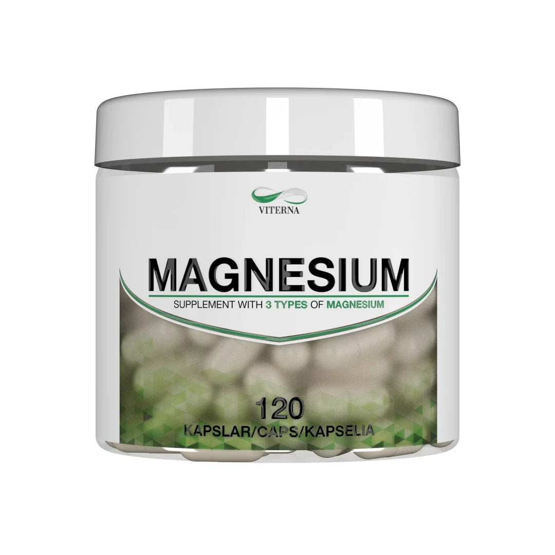 Viterna Magnesium 120 caps i en vit plastburk med stilrena gröna detaljer.