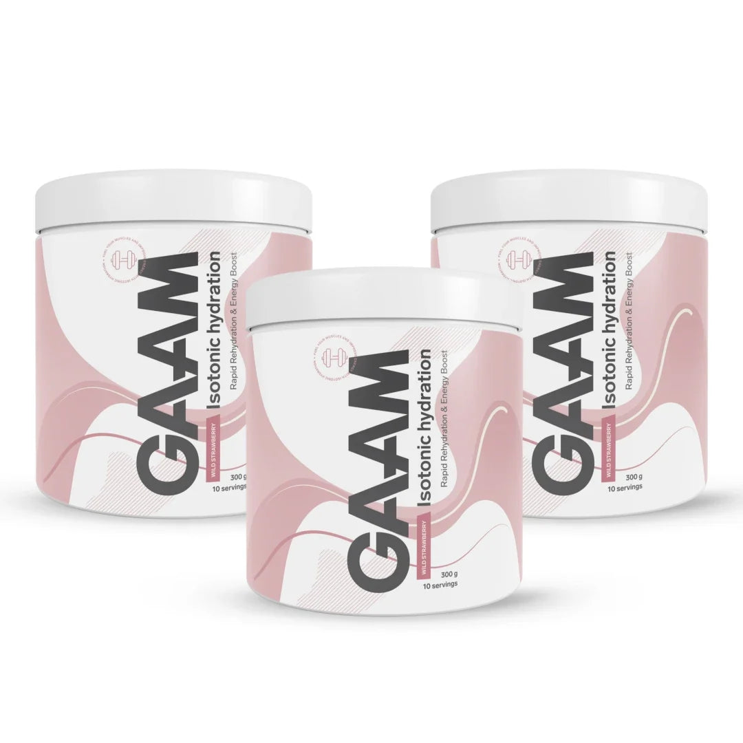 3 x GAAM Isotonic Hydration 300 g i tre vita burkar med rosa vågmönster och smaken Wild Strawberry.