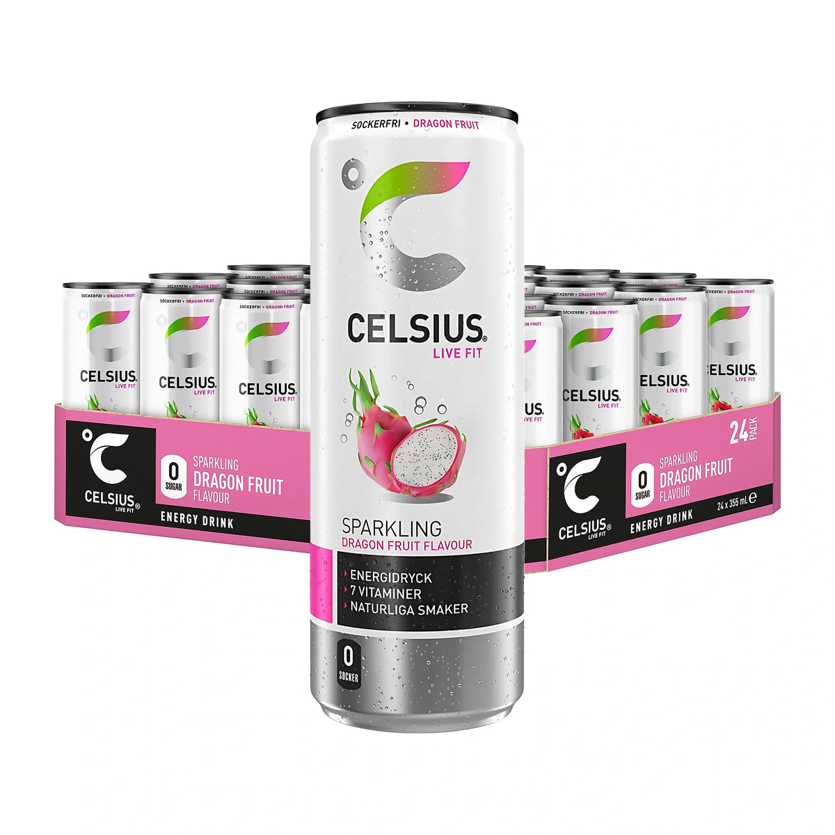 24 x Celsius 355 ml Dragon Fruit i ett rosa flak med vita energidrycksburkar och drakfruktsmotiv.