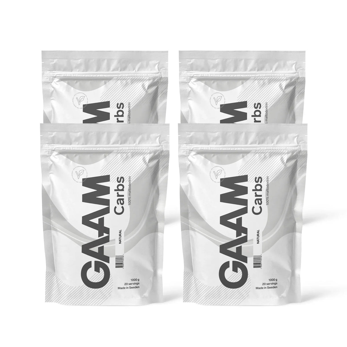 4 x GAAM Carbs - 100% Maltodextrin 1 kg i vita påsar med svarta detaljer för smaken Naturell.