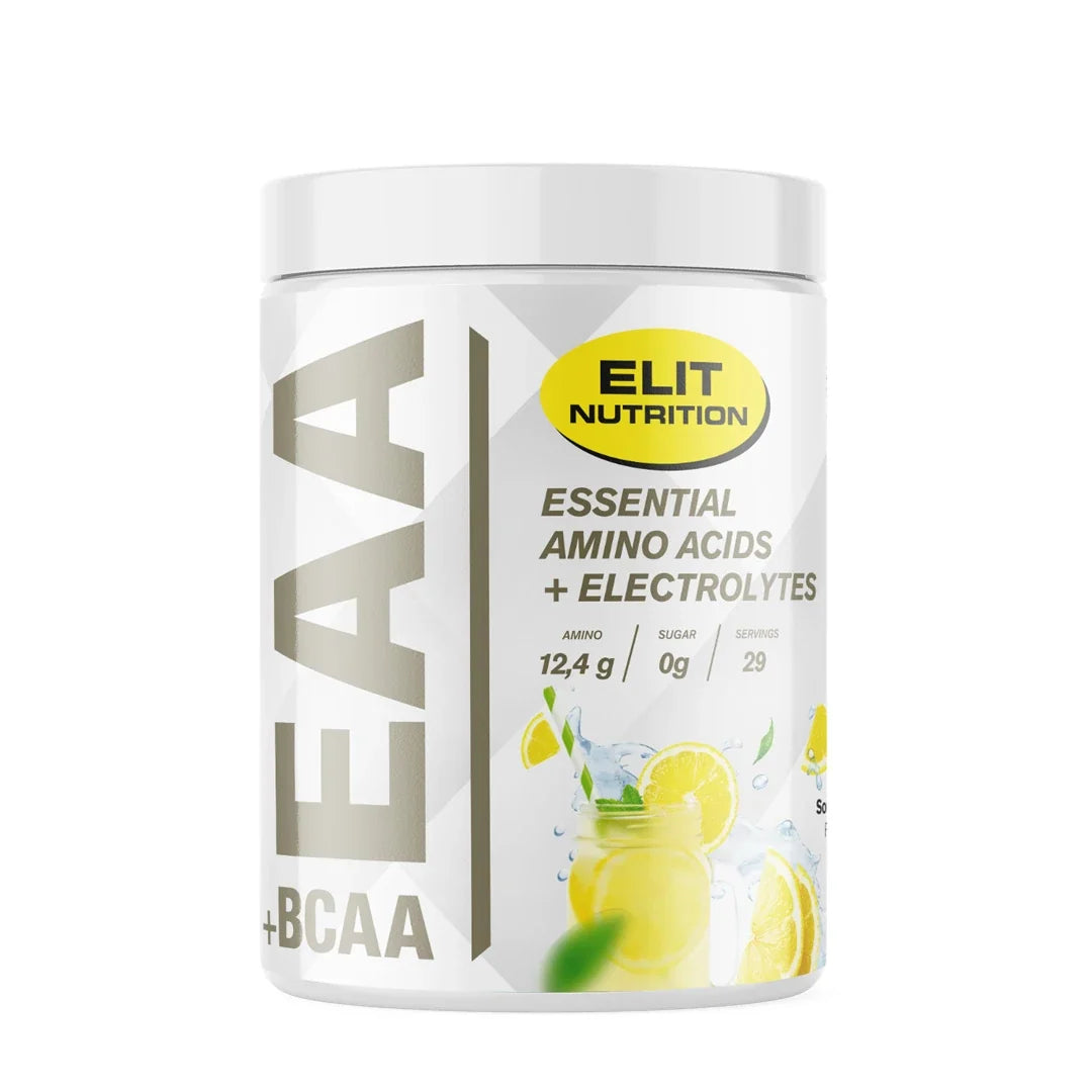 Elit Nutrition EAA + BCAA 400 g aminosyror i en vit burk med grå och gula detaljer för smaken Sour Lemon., bild 8 av 8