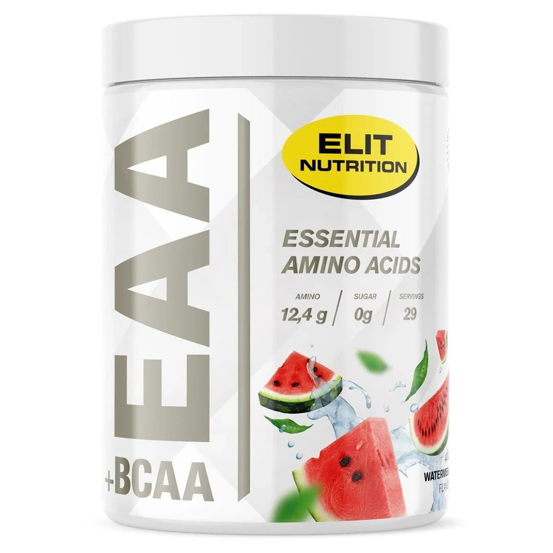Elit Nutrition EAA + BCAA 400 g aminosyror i en vit burk med motiv av vattenmelon för smaken Watermelon., bild 1 av 8