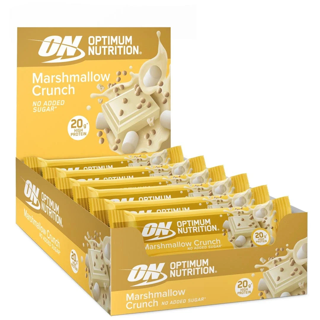 10 x Optimum Nutrition Protein Bar 65 g Marshmallow Crunch i en gul och vit displaybox med matchande bars.