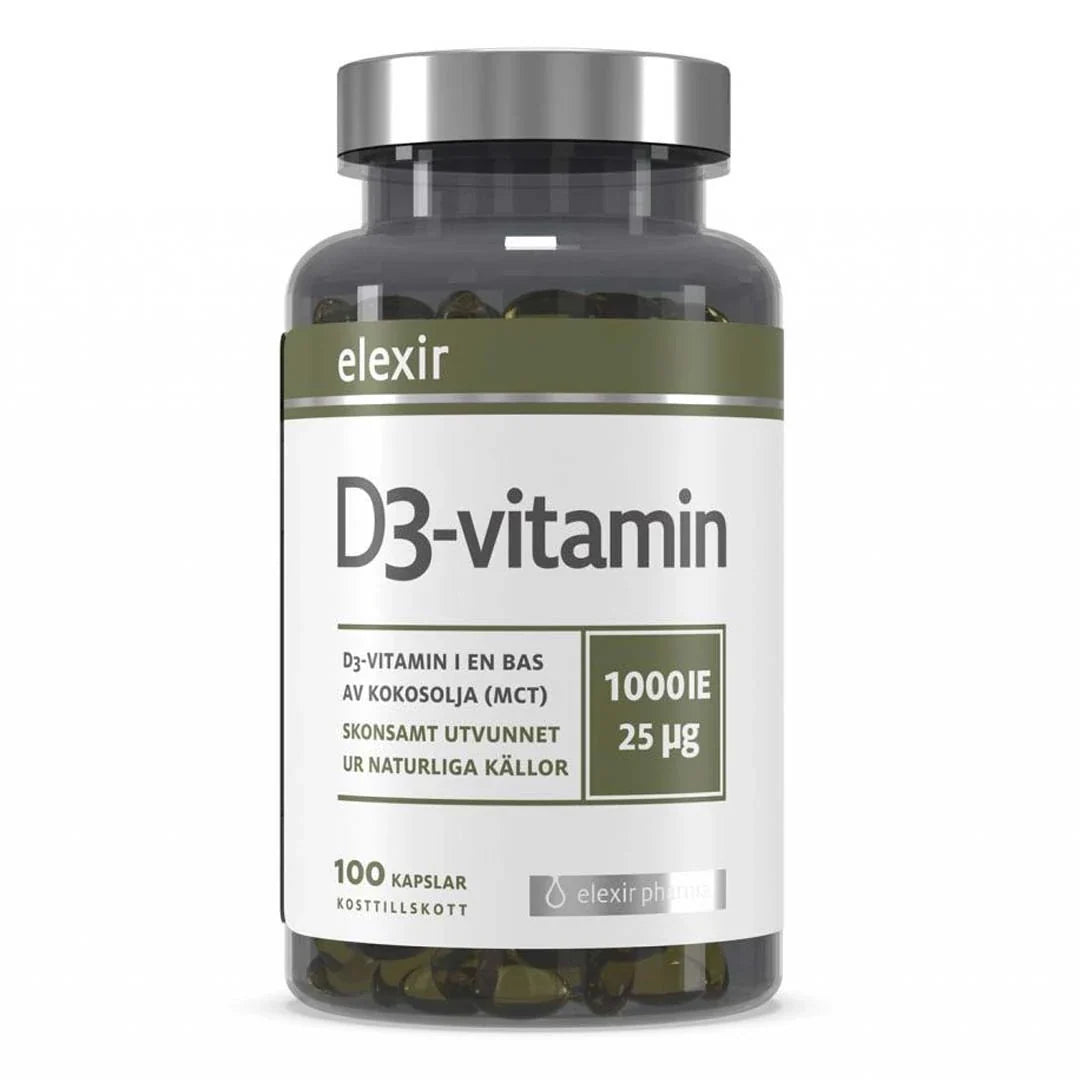 Elexir Pharma D3 Vitamin 1000IE 100 caps i en transparent burk med silverlock och vit etikett med gröna detaljer.