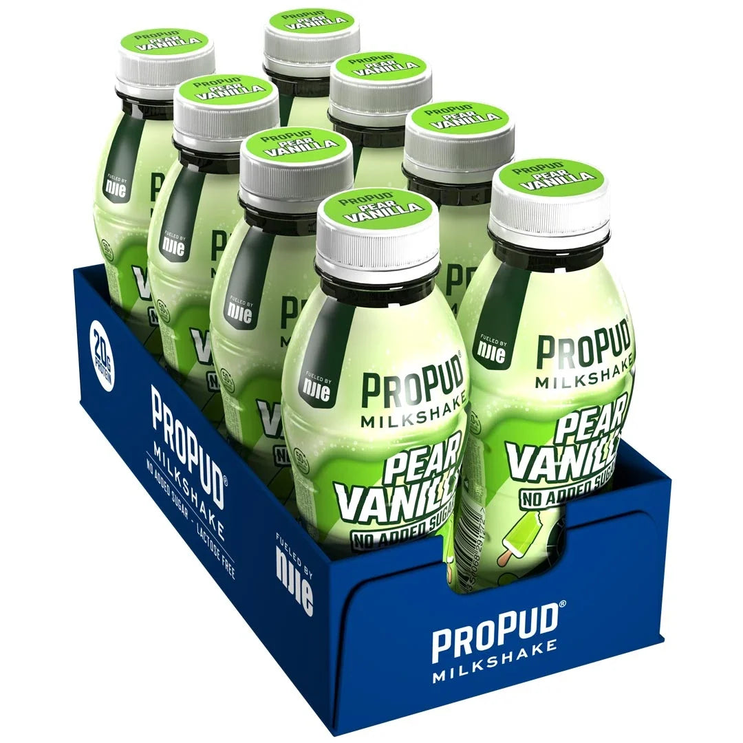 8 x NJIE ProPud Protein Milkshake 330 ml Pear Vanilla i ljusgröna flaskor med vita lock i en blå förpackning., bild 1 av 1
