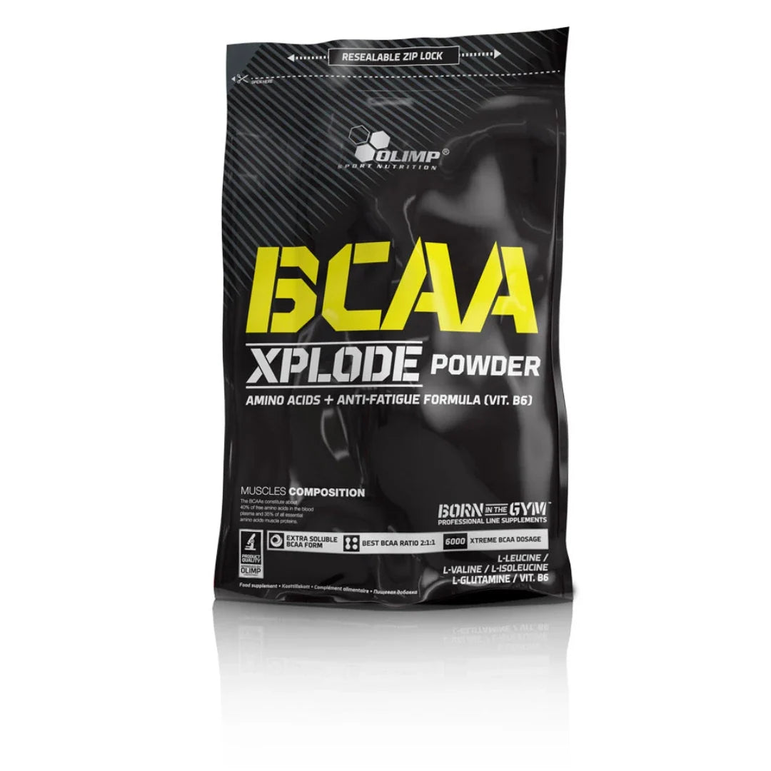 Olimp BCAA Xplode 1 kg aminosyror i pulverform, förpackad i en svart påse med gula och vita detaljer.