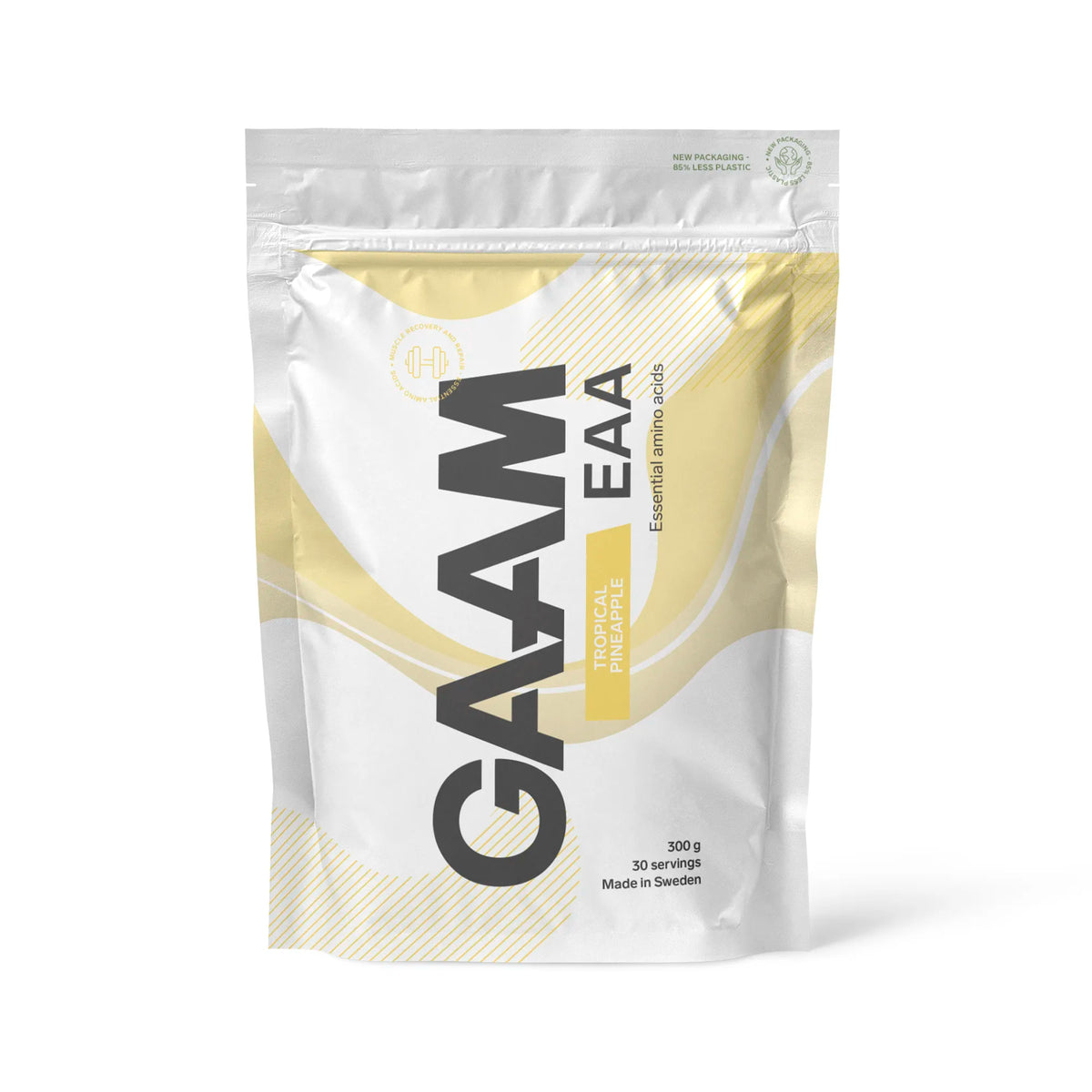 GAAM EAA 300 g aminosyror i en vit påse med gula detaljer för smaken Tropical Pineapple.