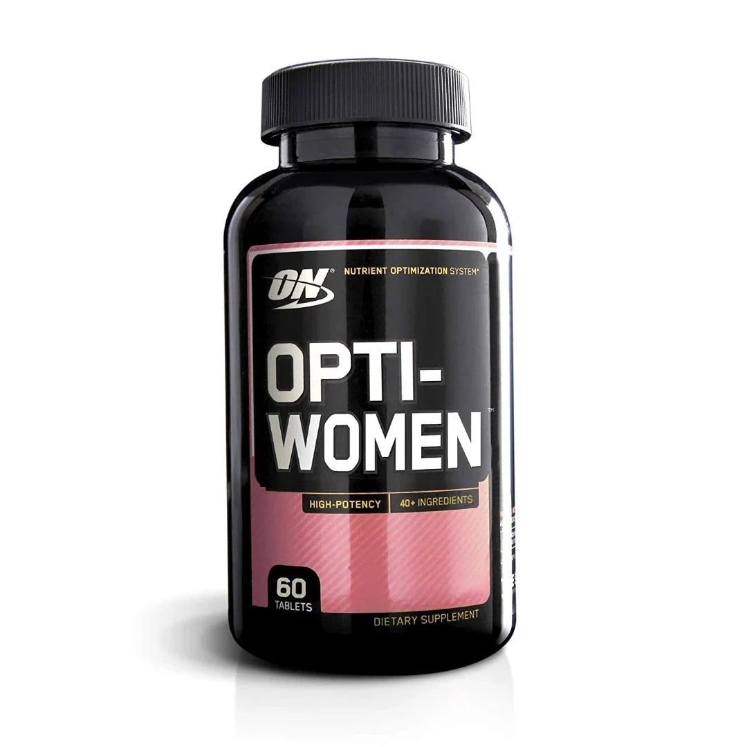 Optimum Nutrition Opti-Women 60 tabs kosttillskott i en svart burk med rosa och svarta detaljer på etiketten., bild 1 av 1
