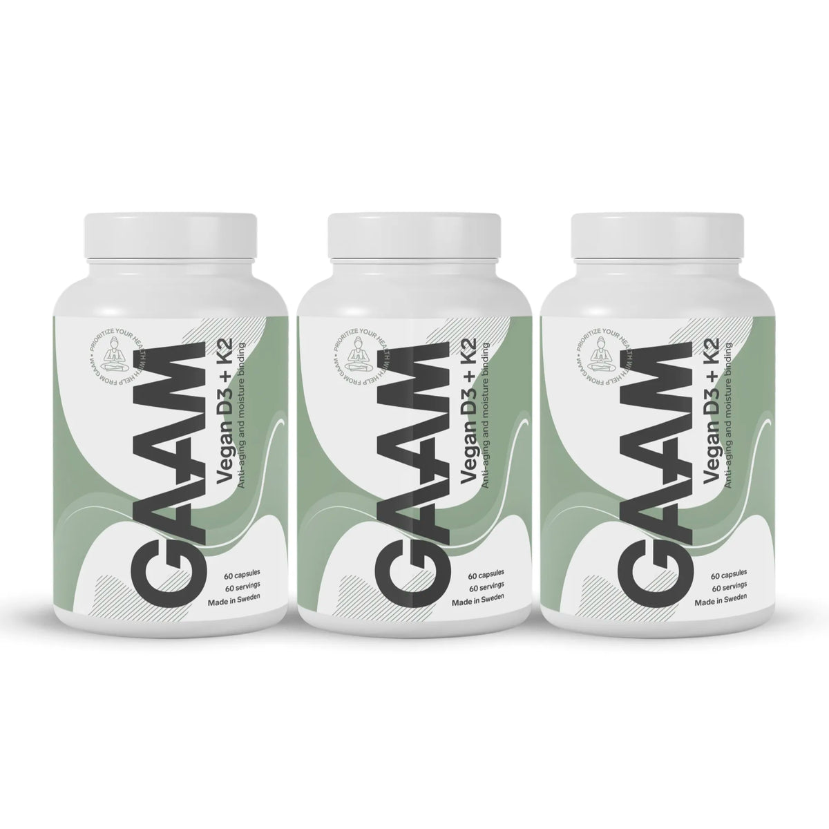 3 x GAAM Vegan D3 + K2 60 caps i tre vita burkar med gröna och gråa detaljer på etiketterna., bild 1 av 1