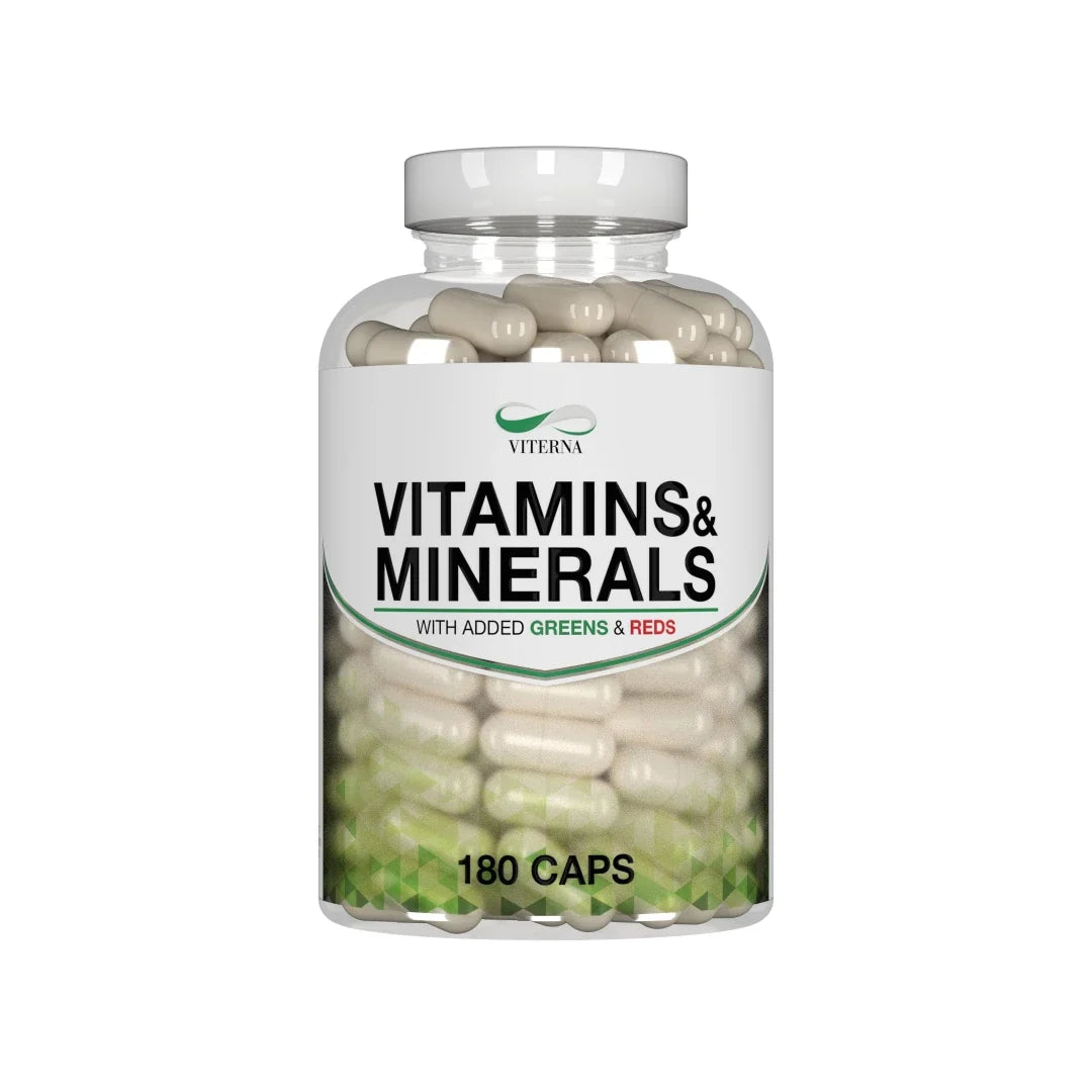 Viterna Vitamins &amp; Minerals 180 caps i en genomskinlig burk med vit etikett och gröna detaljer, fylld med ljusa kapslar., bild 1 av 1