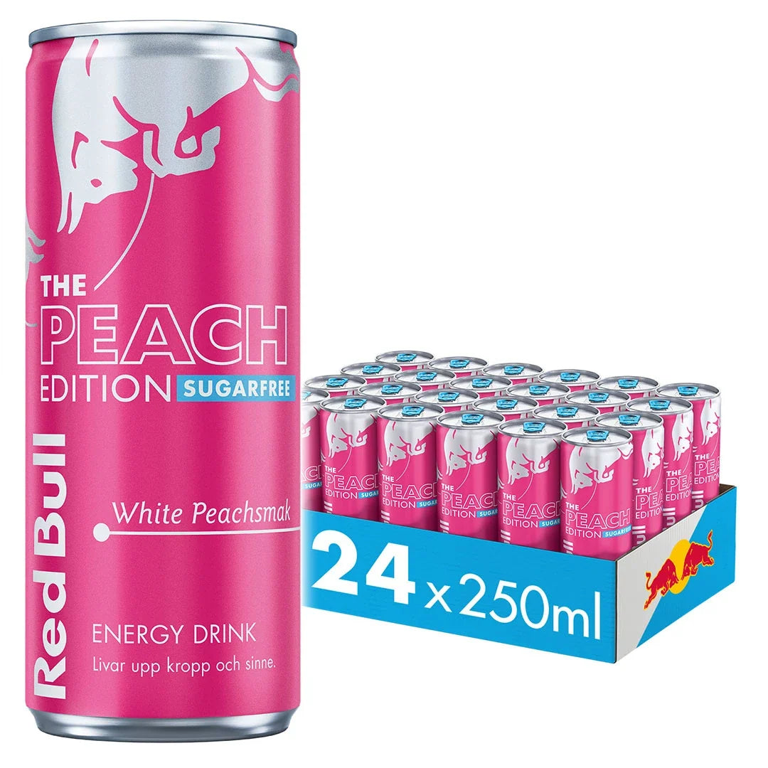 24 x Red Bull Energidryck 250 ml Peach Edition Sugarfree - White Peach i ett blått flak med matchande rosa burkar., bild 1 av 1