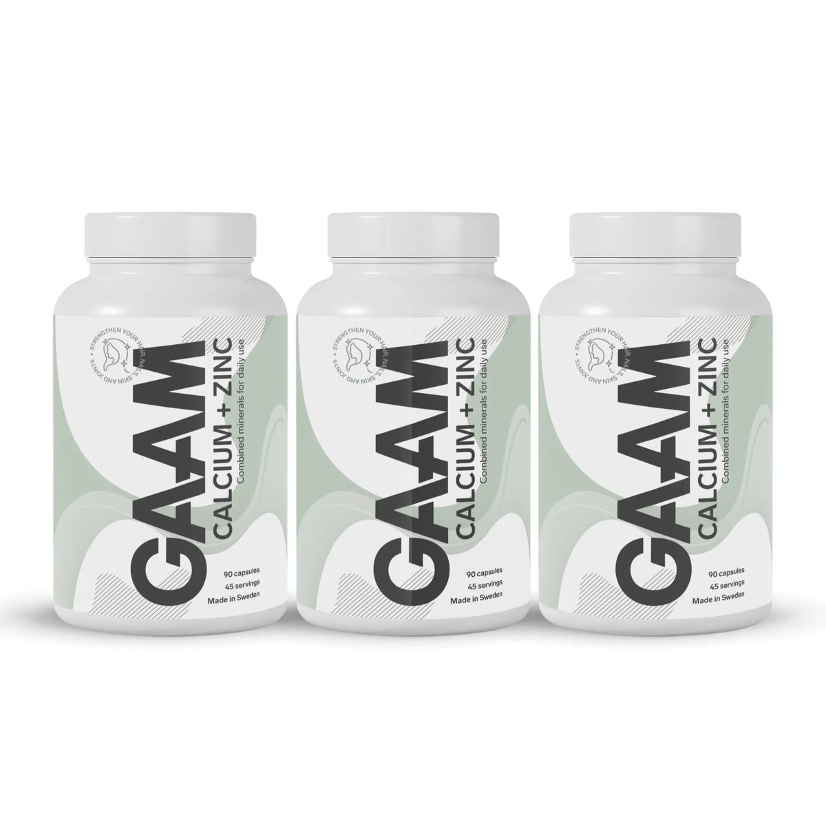 3 x GAAM Calcium + Zinc 90 caps i vita burkar med grönvita etiketter med svarta detaljer., bild 1 av 1