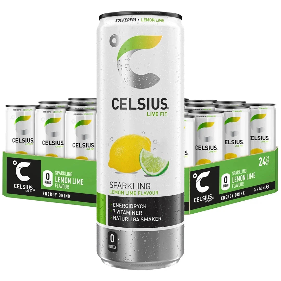 24 x Celsius 355 ml Citron Lime i ett grönt flak med matchande energidrycksburkar prydda med citron och lime-motiv., bild 1 av 1