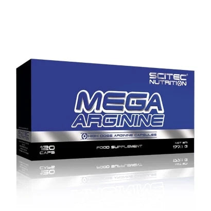 Scitec Nutrition Mega Arginine 120 caps aminosyratillskott i en blå och svart kartong med silverdetaljer., bild 1 av 1