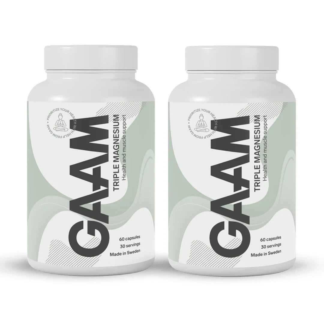 2 x GAAM Triple Magnesium 60 caps i två vita burkar med ljusgröna detaljer och svart text., bild 1 av 1
