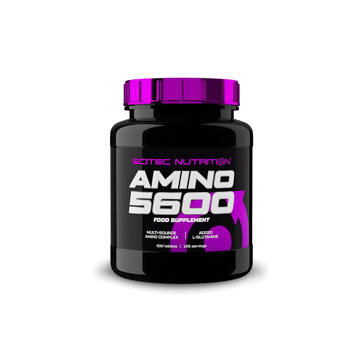 Scitec Nutrition Amino 5600 500 tabs aminosyratabletter i en svart burk med lila detaljer.