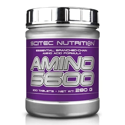 Scitec Nutrition Amino 5600 1000 tabs aminosyratabletter i en silvergrå burk med lila etikett., bild 1 av 1